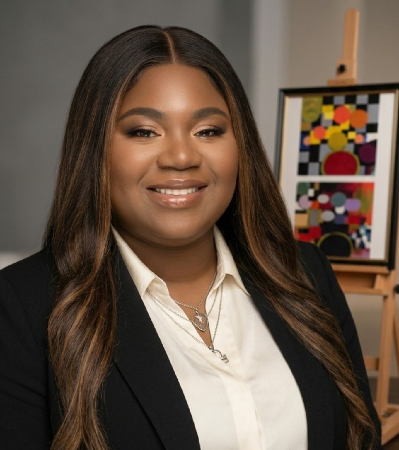 Breandrea, the artist behind Canvas Concierge, smiling beside one of her original abstract paintings on an easel